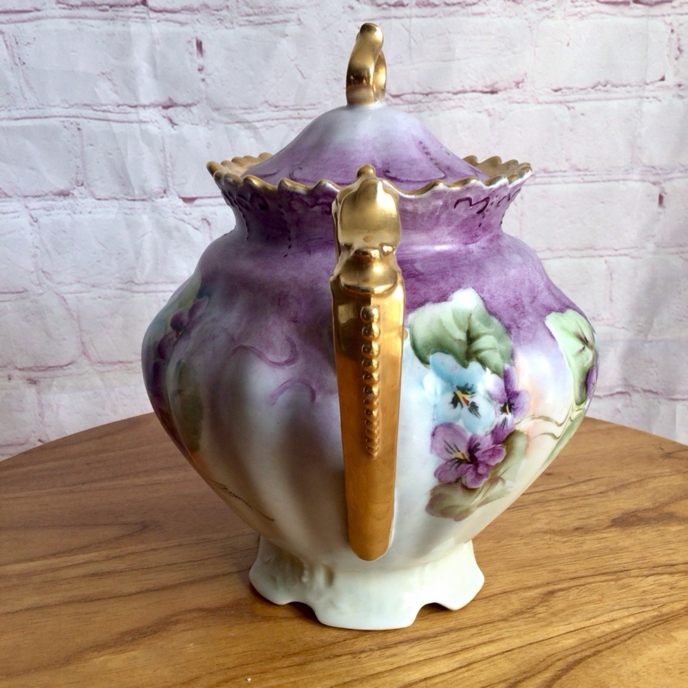 Vintage Signed Selb Bavaria Germany Purple and Blue Floral Footed Teapot - Picture 4 of 10